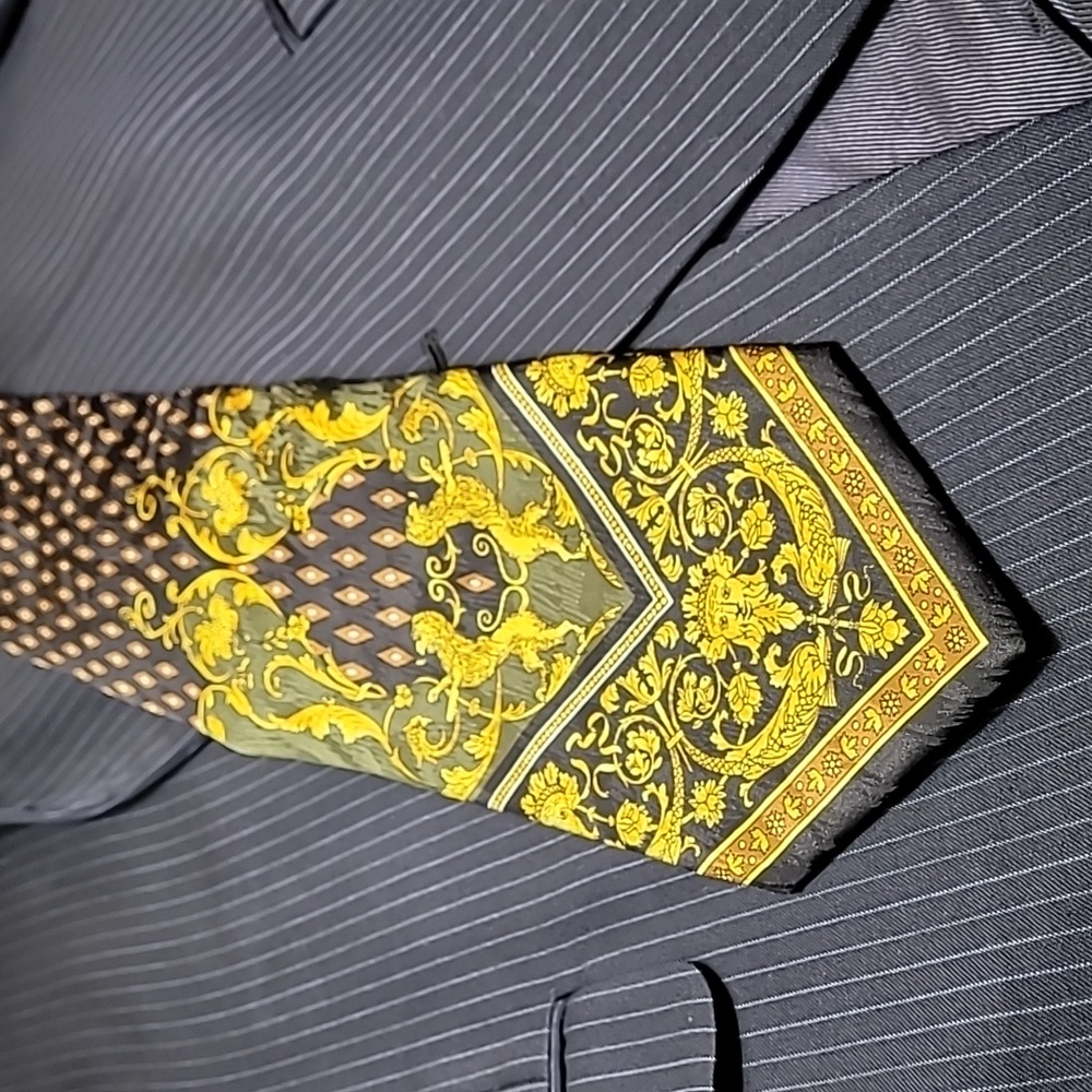 Sherry Wolf baroque green gold black and brown silk tie